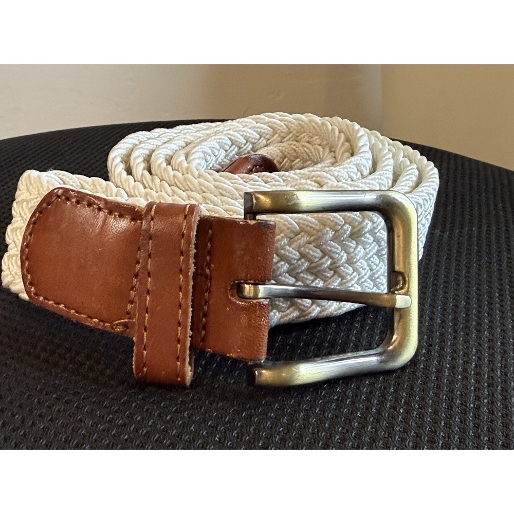 Sophos XL Braided Rope Belt White Leather Cotton Elastic Stretch Mens 42/44